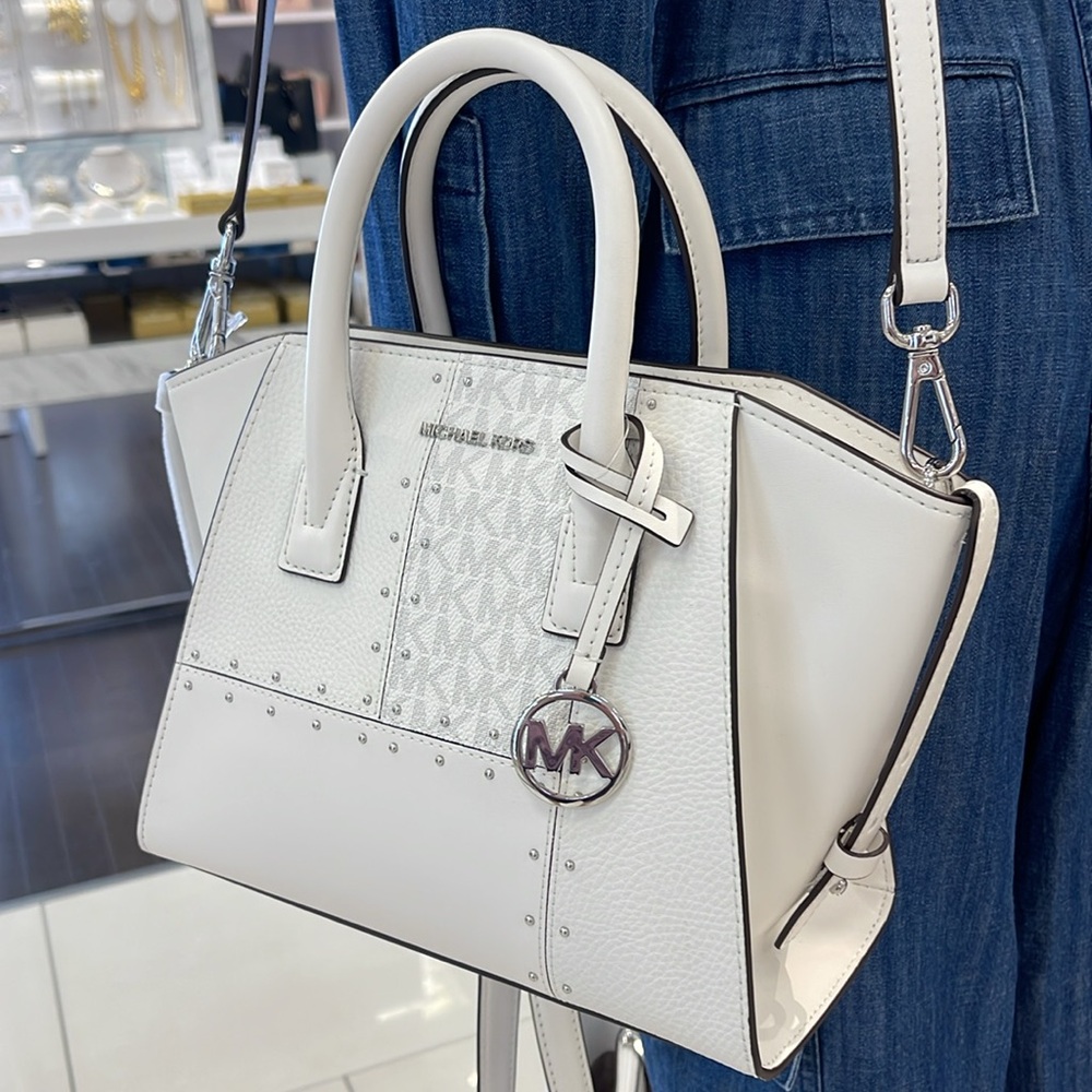 Michael Kors Avril Small Studded Patchwork and Signature Logo Satchel Crossbody - Picture 12 of 16